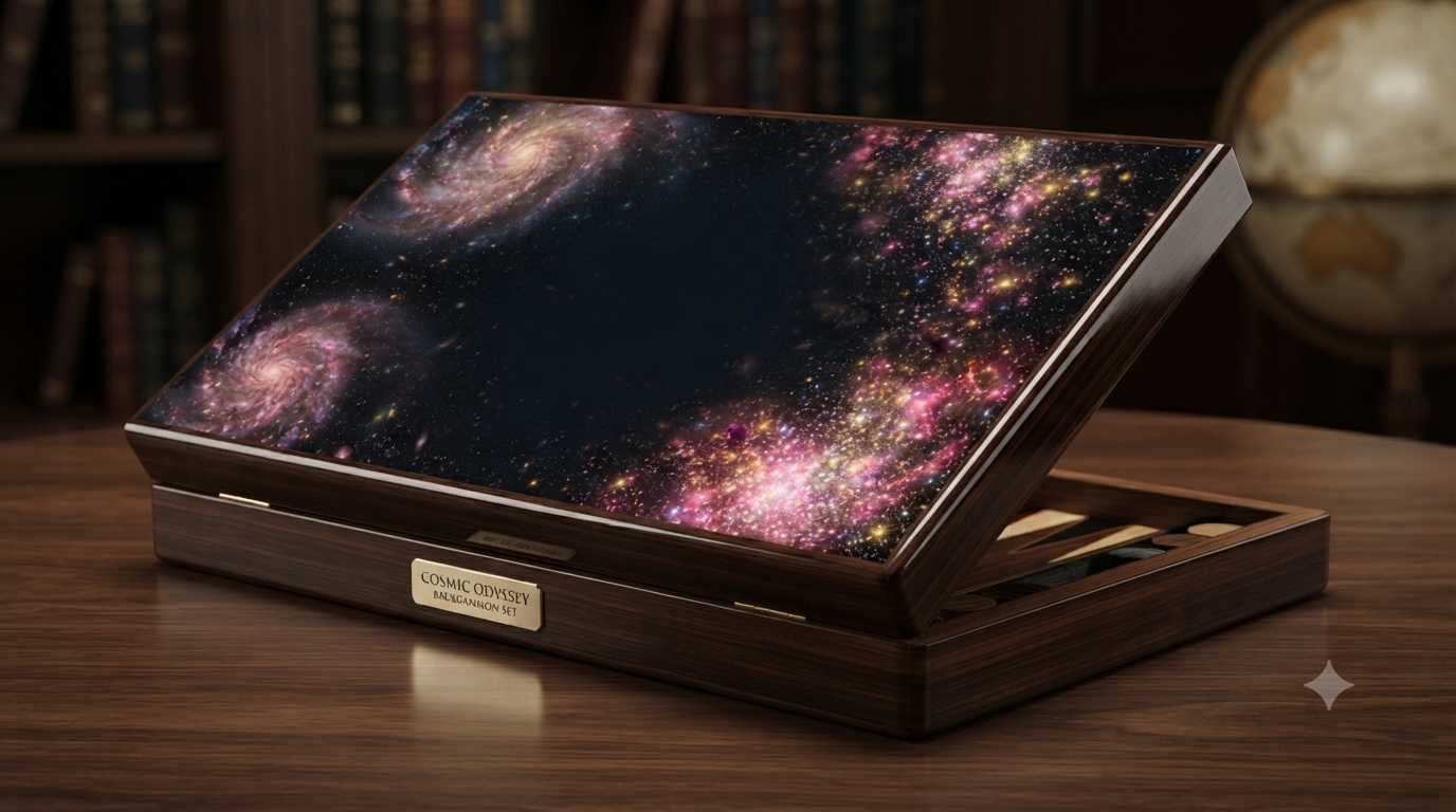 Cosmic Odyssey board — deep space nebula and twin spiral galaxies