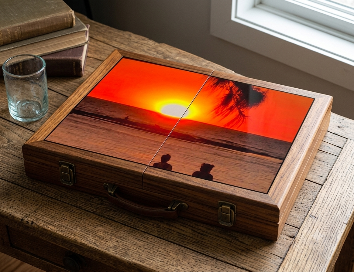 Darwin Sunset board — two figures and their dogs watching a molten orange sun sink into the sea