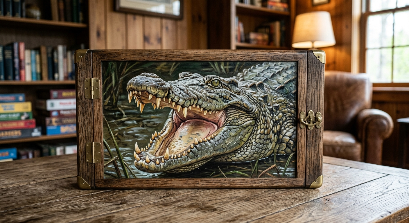 Death Roll board — hand-painted crocodile with jaws wide open, set in a hinged wood-and-brass case