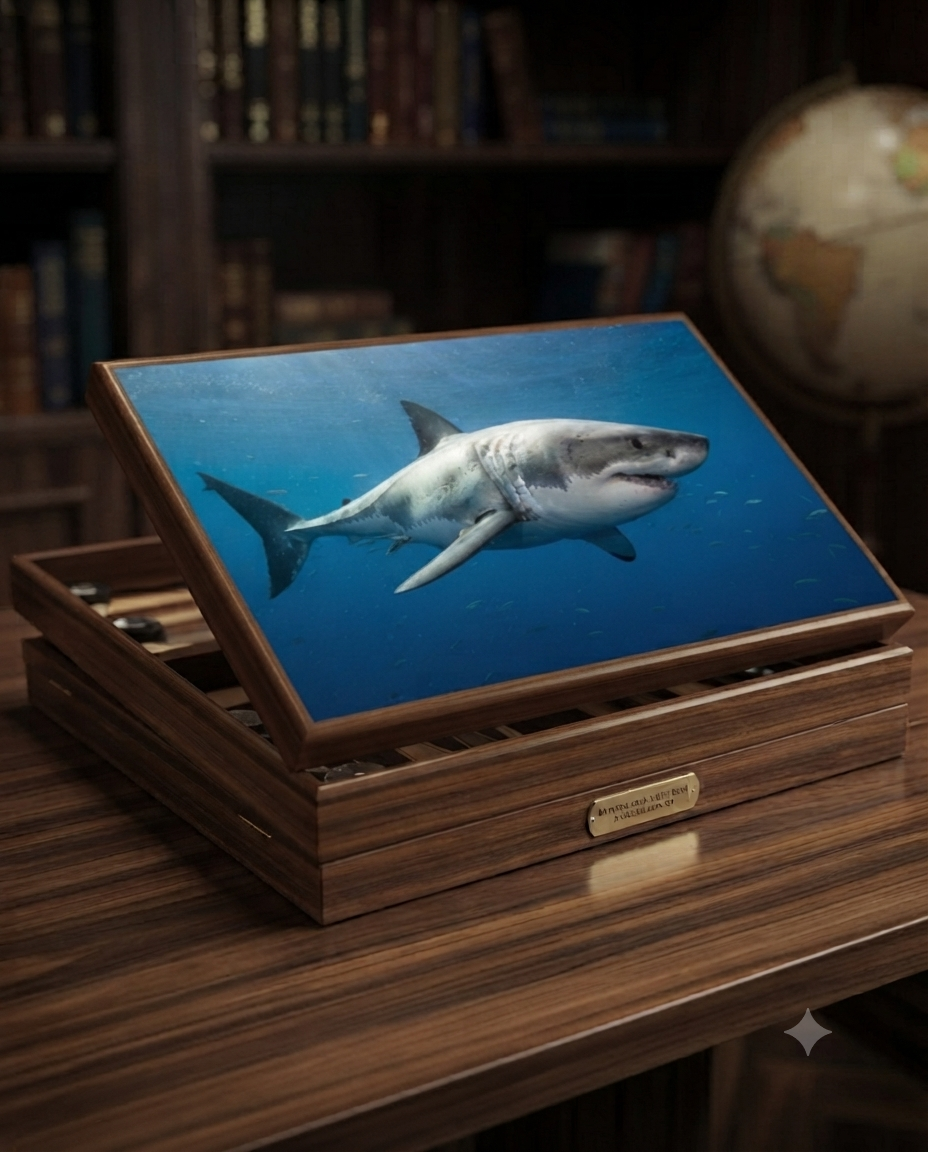 Deep Water board — a great white shark gliding through a sunlit underwater trench