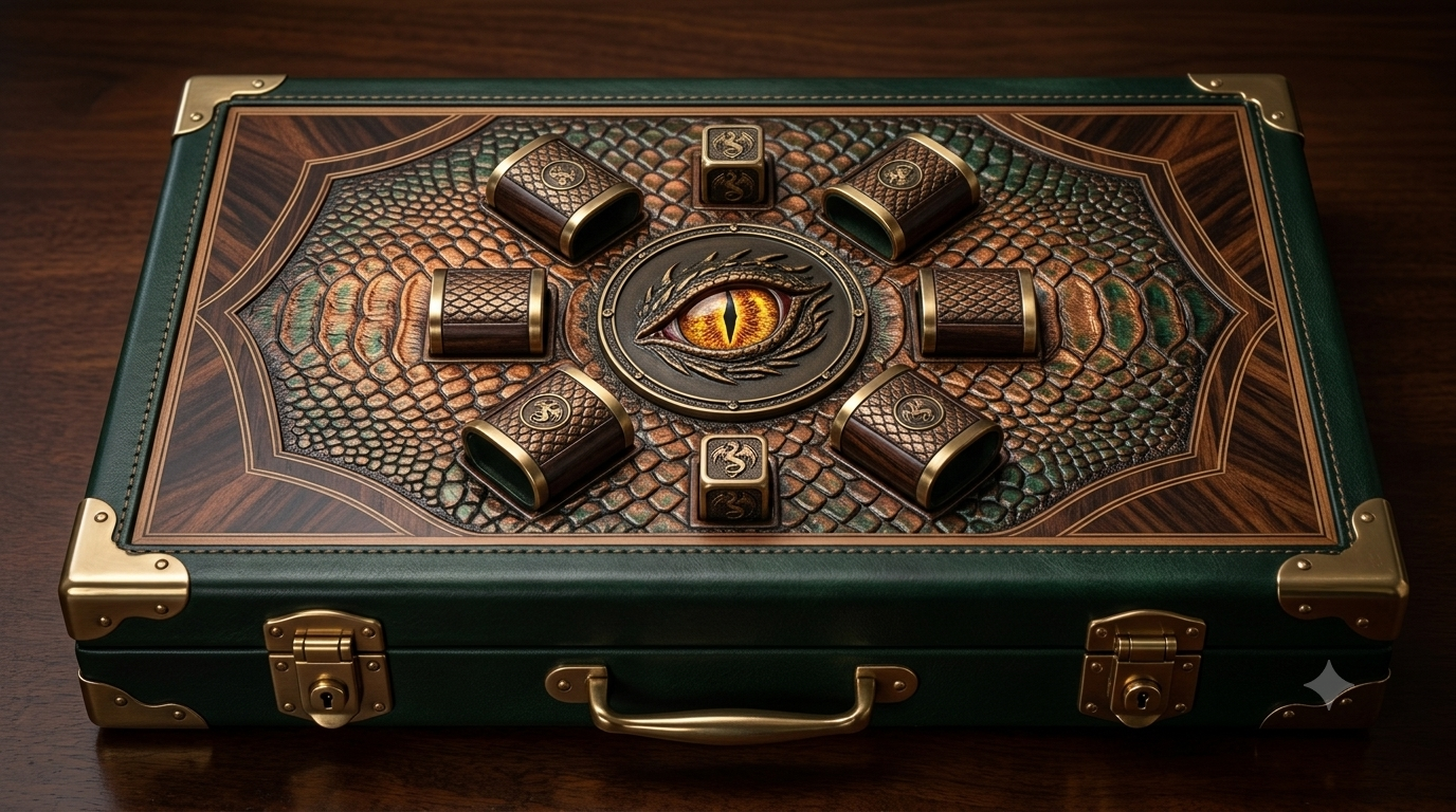 Dragon's Den board — a dragon-scale leather case with brass fittings and a glowing dragon-eye medallion at its center, surrounded by dice cups