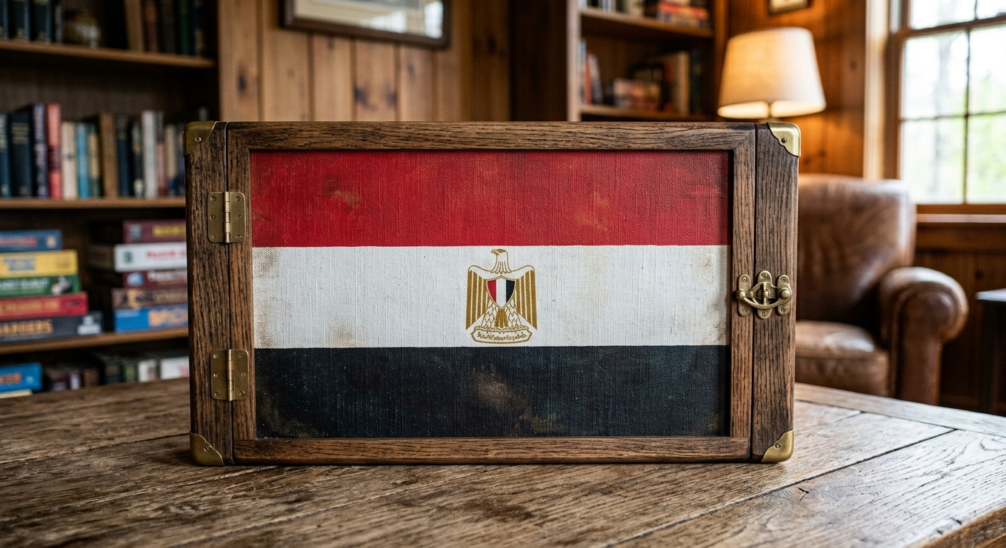 Egyptian Empire board — the Eagle of Saladin on red, white, and black in a hinged wood-and-brass case