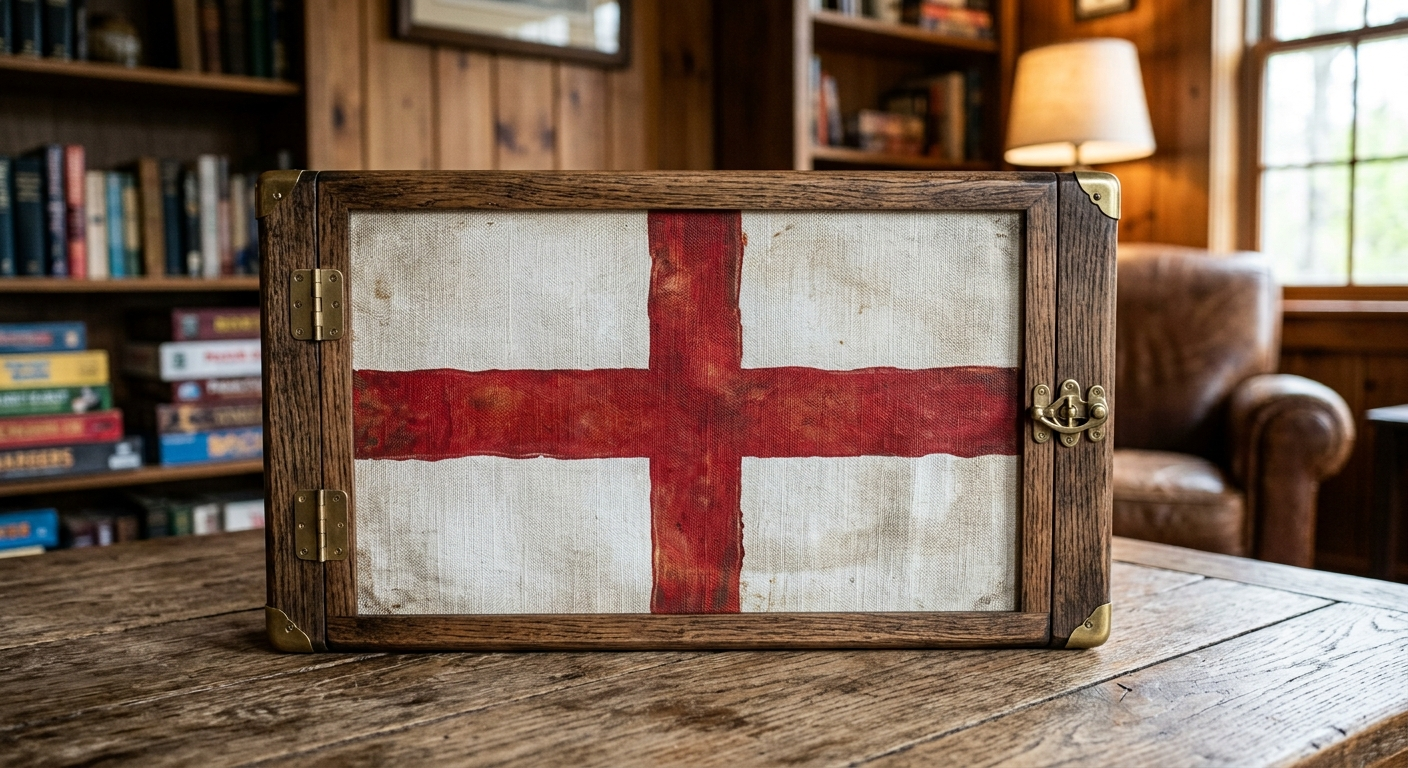 English Pride board — Saint George's Cross in a hinged wood-and-brass case