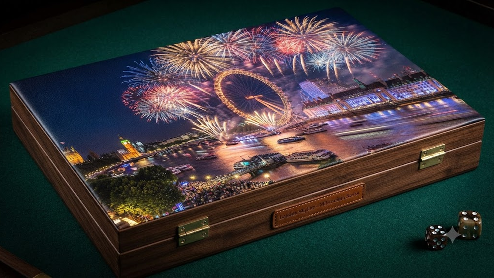 Fireworks Finale board — London skyline and river lit up under a full fireworks finale