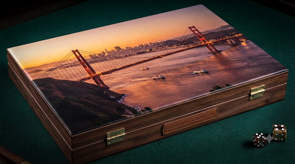 Golden Gate Bay board — the Golden Gate Bridge and San Francisco skyline at sunset