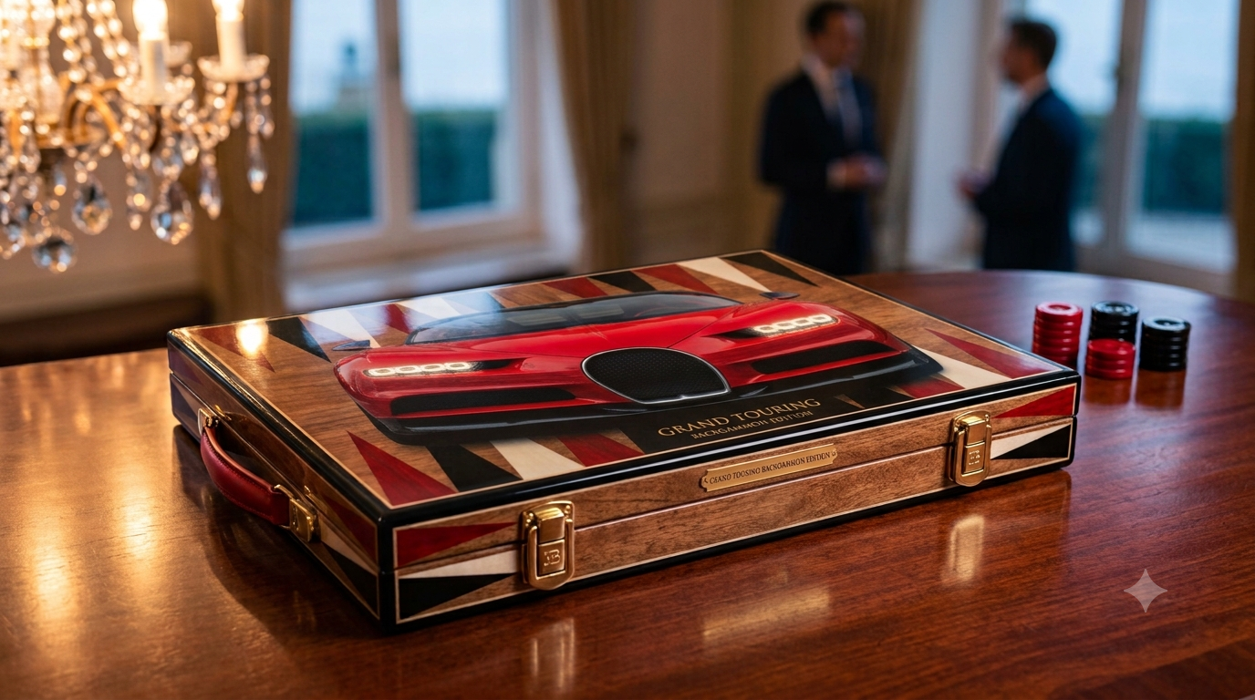 Grand Touring board — a red supercar's front end on a brass-fitted leather case, chateau courtyard backdrop