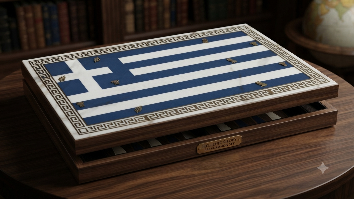 Hellenic Glory board — Greek flag in marble and brass, laurel and owl motifs