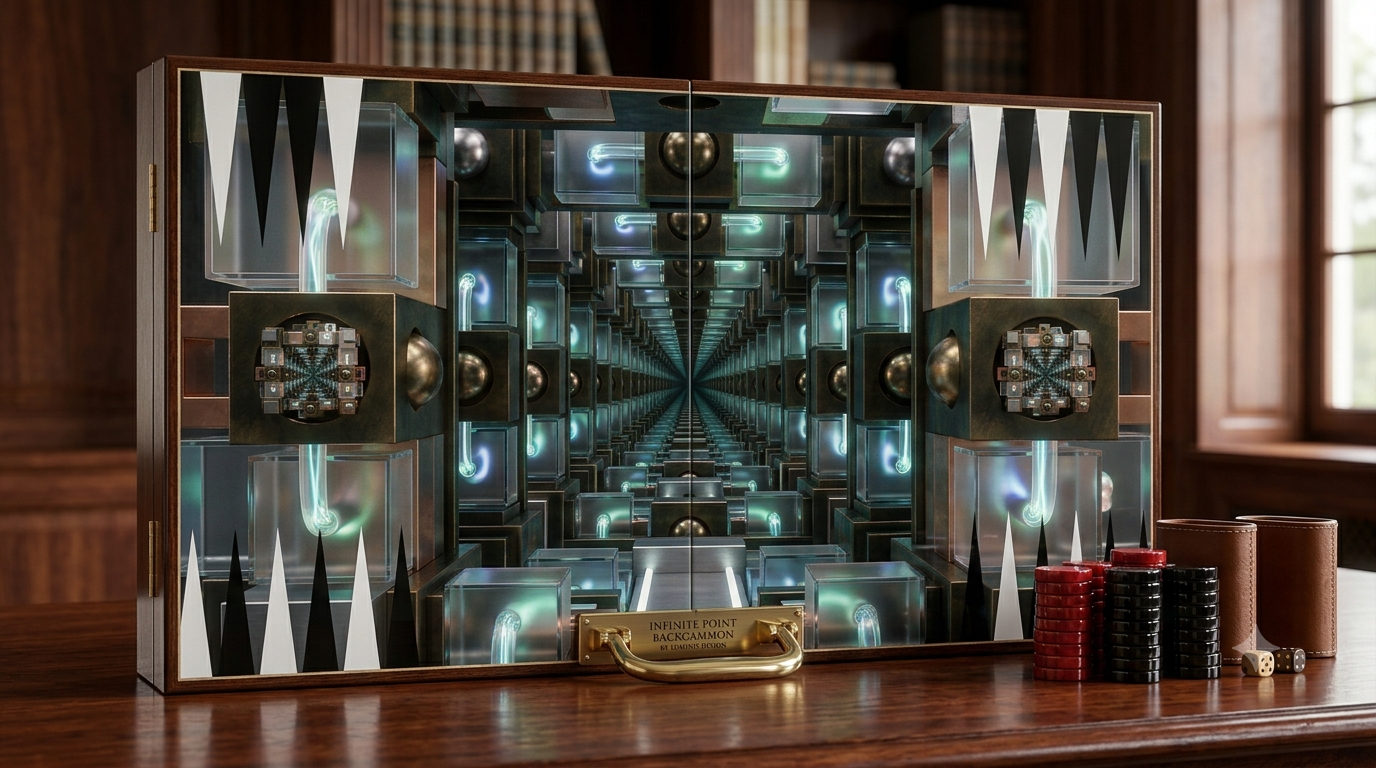 Infinite Point board — an infinity-mirror backgammon case with glowing glass chambers receding into the distance