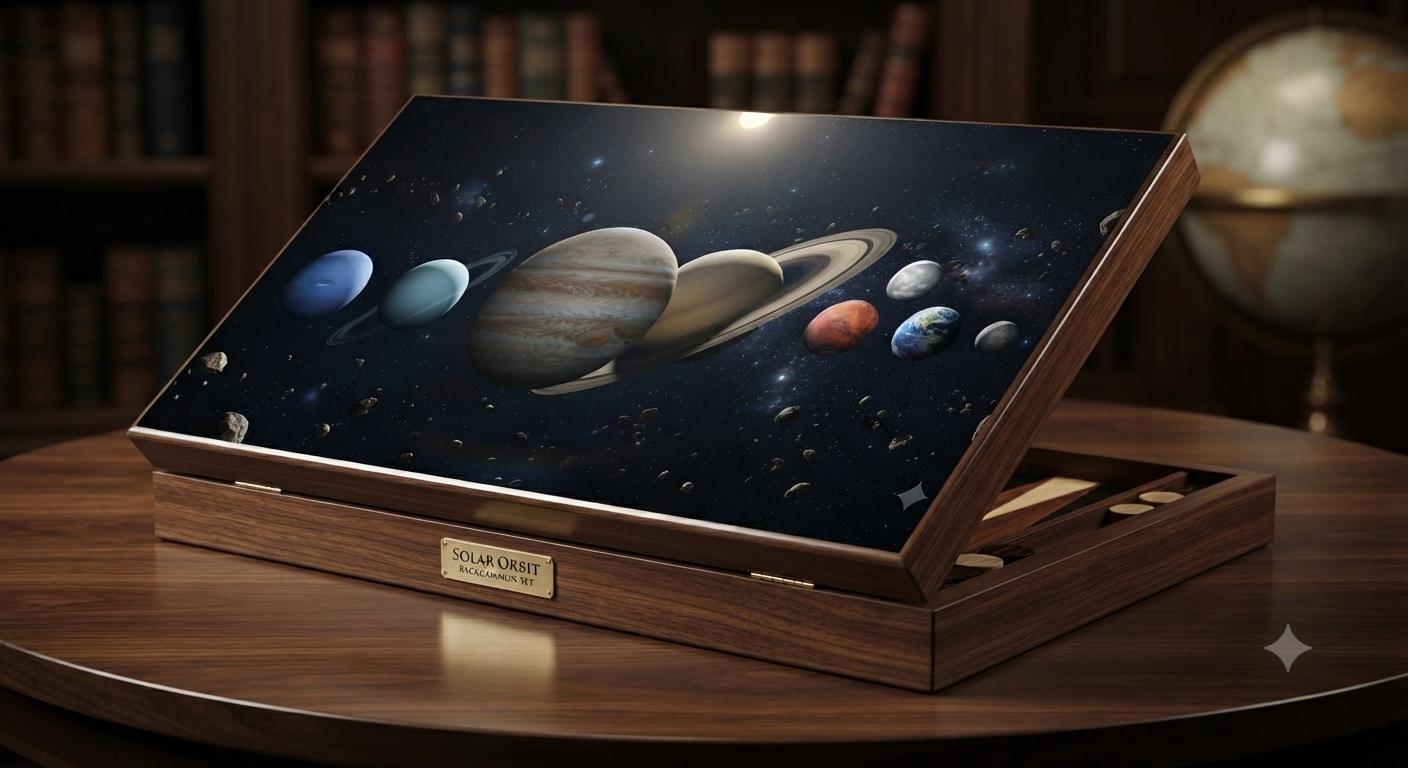 Orbit board — Earth seen from space, ringed by faint orbital paths and distant galaxies