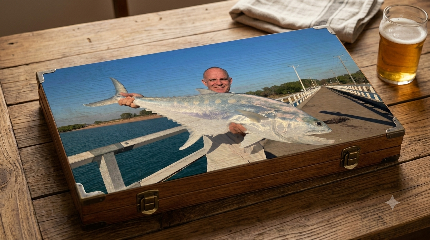 Queenie board — a prize queenfish held up on a sunlit pier, ocean stretching out behind