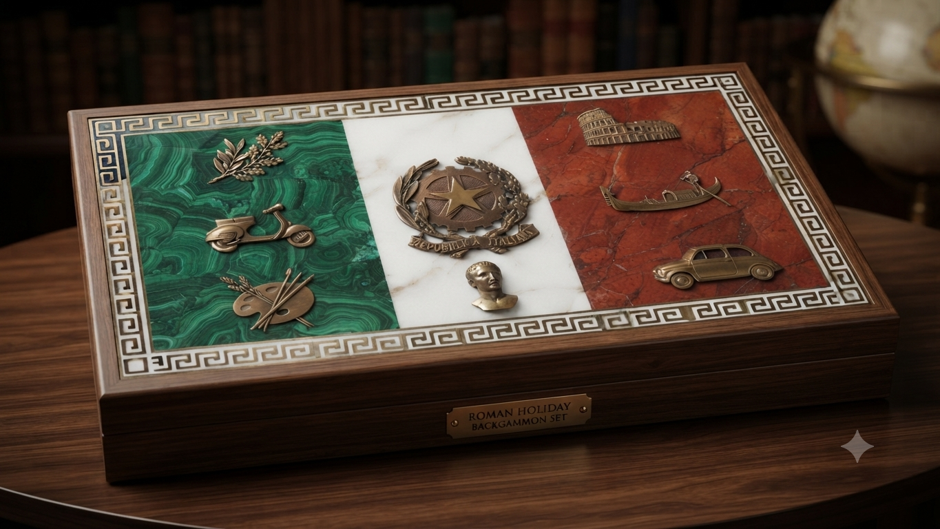 Roman Holiday board — Italian flag in malachite, marble, and jasper, with Colosseum and Vespa motifs