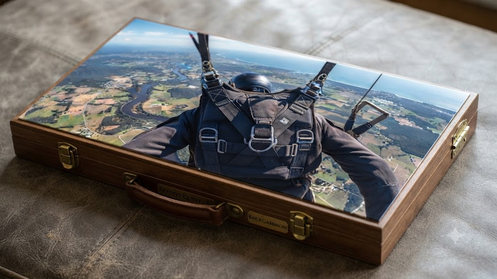 Skydive Quest board — freefall view over a river and coastline, parachute rig in frame