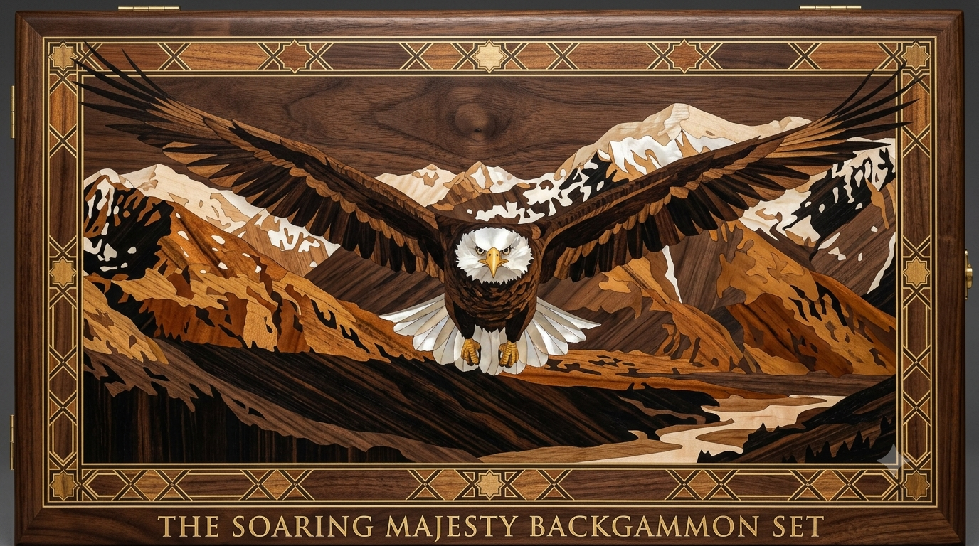 The Soaring Majesty board — hand-inlaid wood marquetry of a bald eagle in flight over snow-capped mountains, set in a walnut case with gold trim