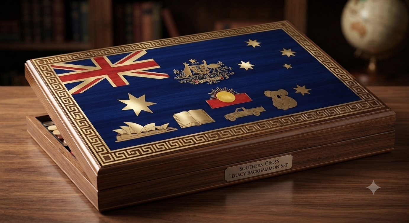 Southern Cross board — Australian flag in marble and brass, kangaroo, emu, and Opera House motifs