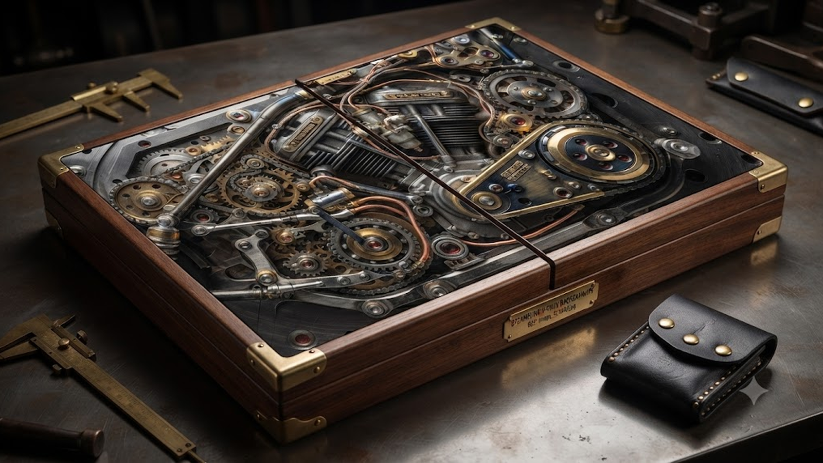 Steampunk Engine board — intricate brass and steel V-twin engine mechanism, gears and copper piping