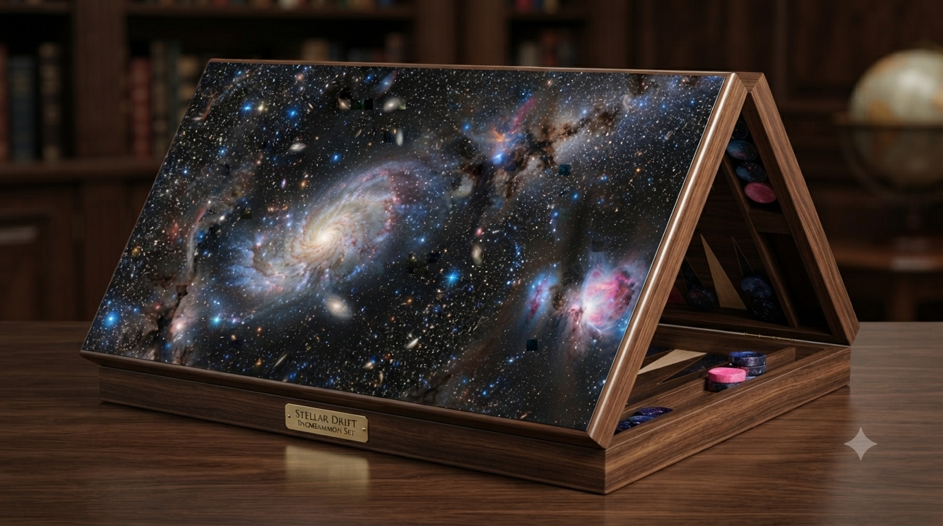 Stellar Drift board — a single spiral galaxy adrift in a dense star field