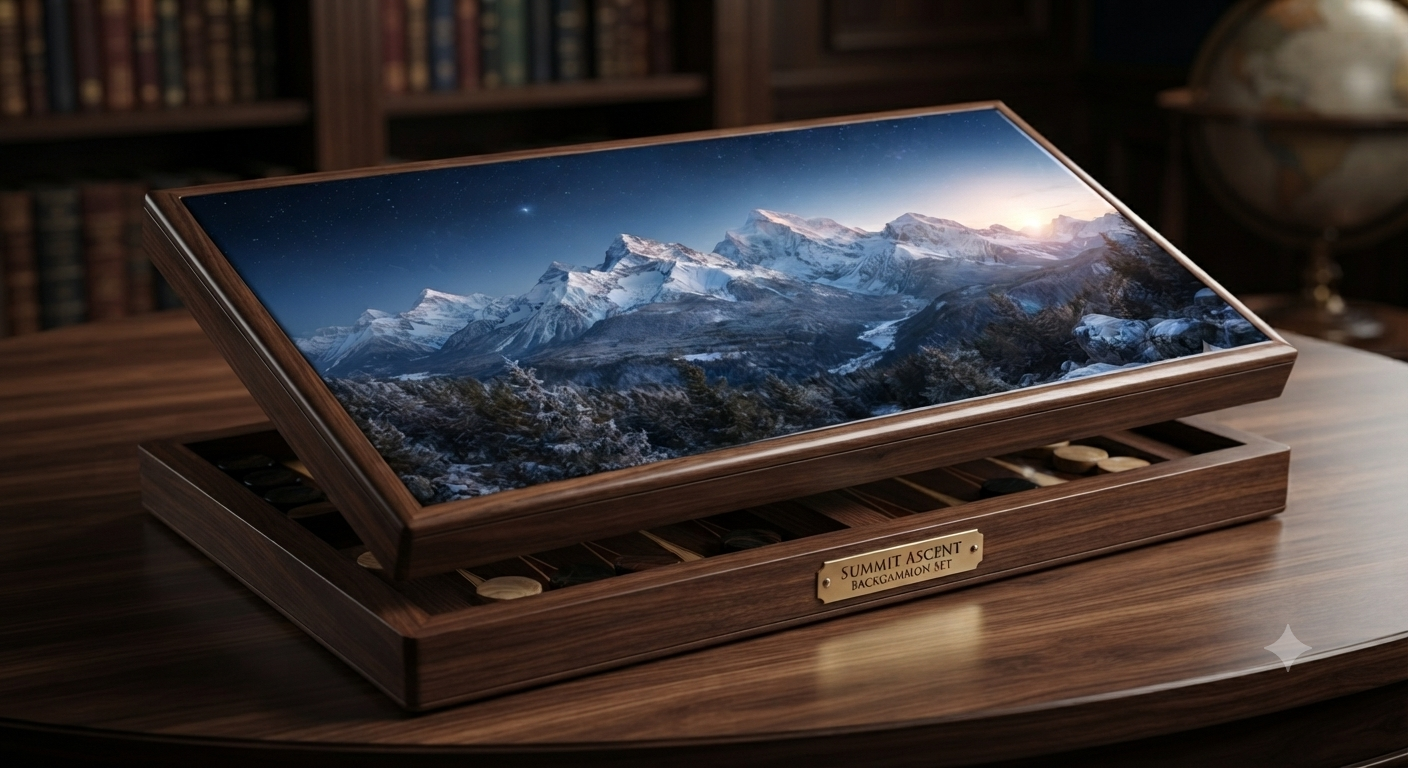 Summit board — sweeping snow-capped alpine mountain range under a clear sky