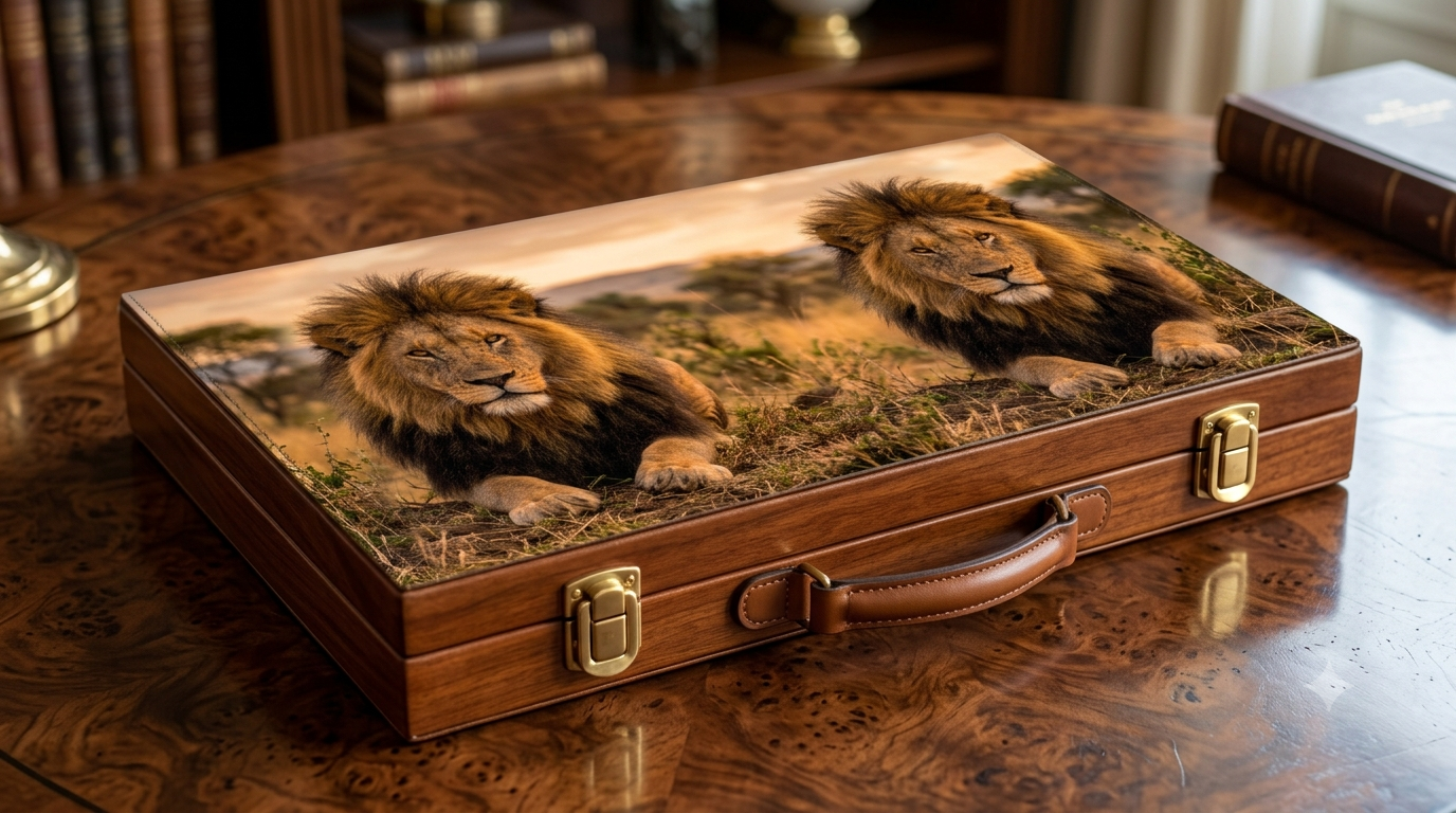 The Kings board — two lions in golden savannah light framed on a brass-fitted leather case