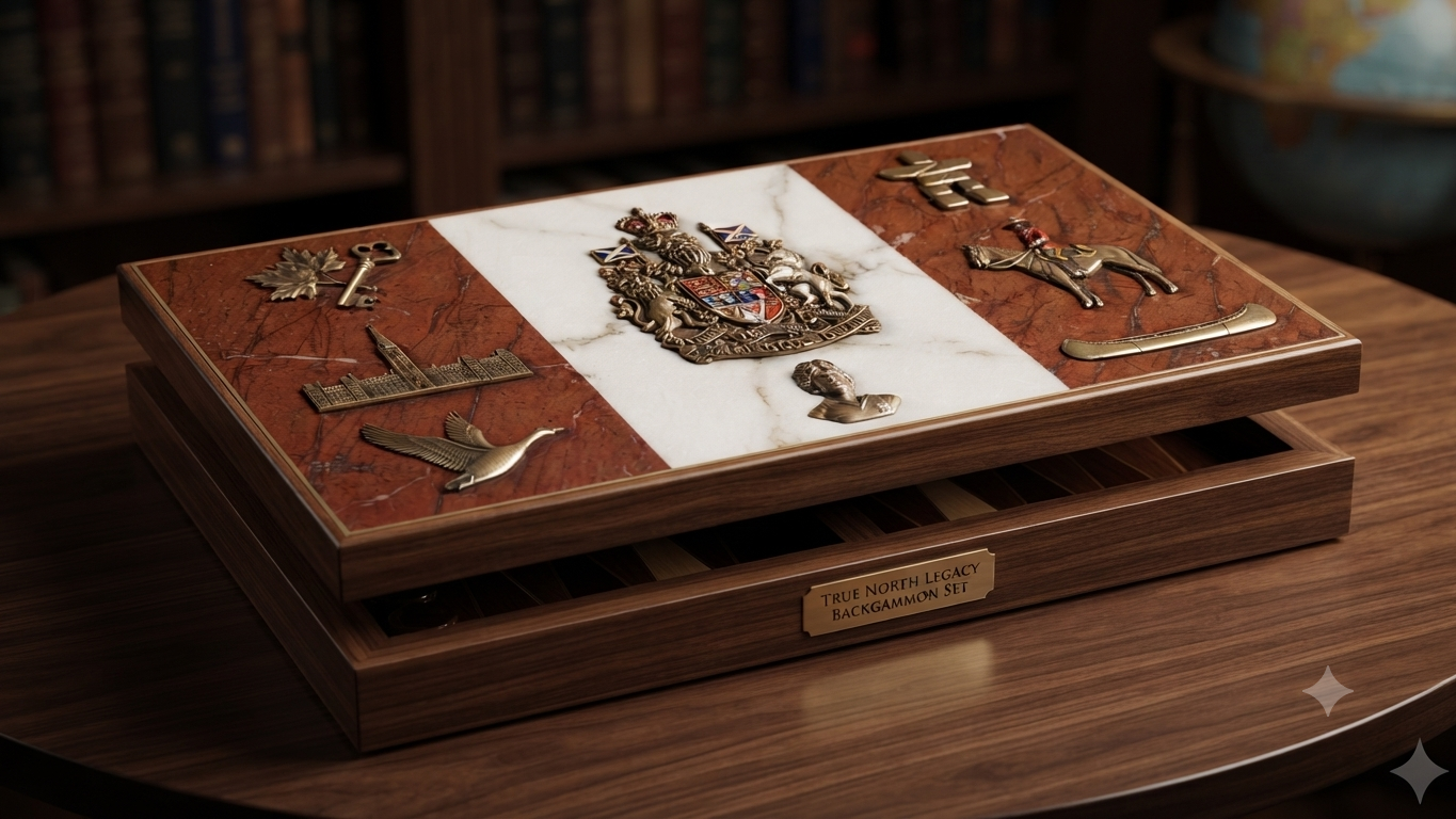 True North board — Canadian flag in marble and brass, coat of arms, Parliament, and Mountie motifs