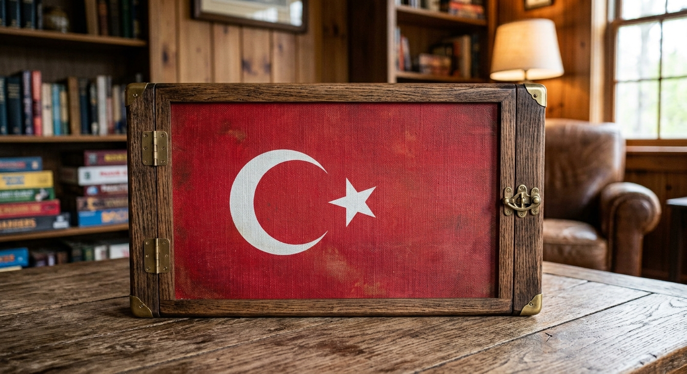 Turkish Delight board — crescent and star on red in a hinged wood-and-brass case