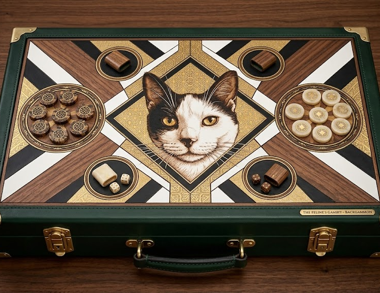 The Tuxinator board — a tuxedo cat portrait medallion set into a green leather case with brass fittings and checker trays