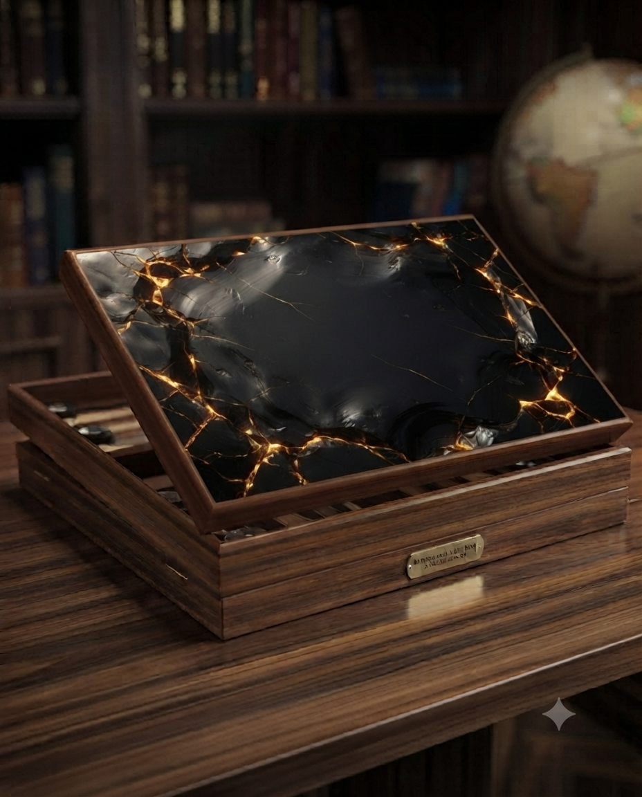 Voidforge board — cracked black obsidian with glowing molten gold veins