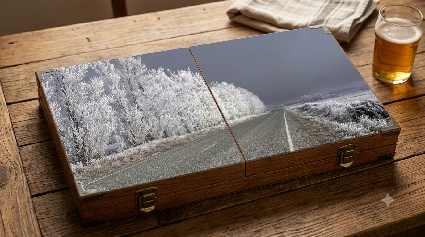 Winter's Edge board — a frost-coated country road lined with ice-white trees under a heavy grey sky
