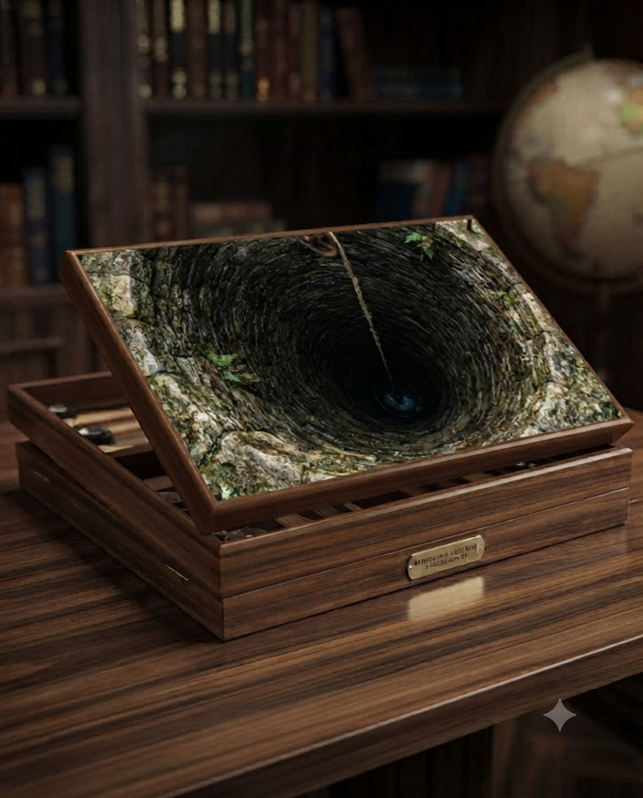 Wishing Well board — mossy stone well shaft with rope and pulley
