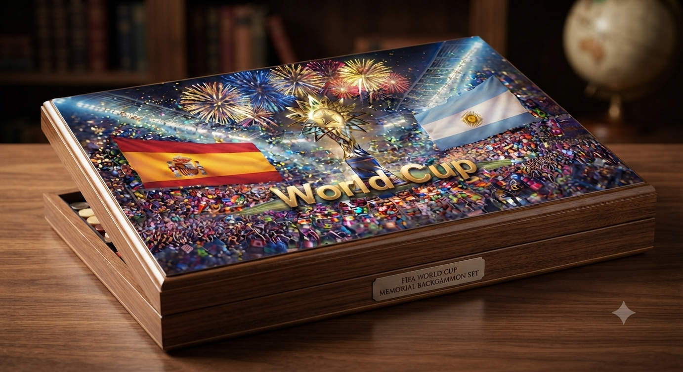 World Cup Special board — glowing star trophy on a stadium pitch, fireworks and flags
